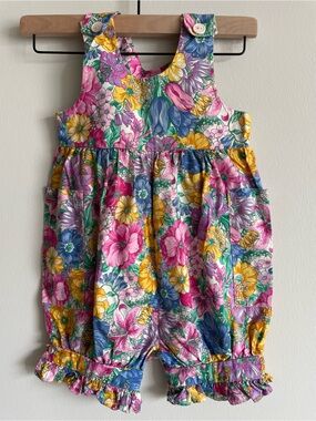 Cotton Kids Retro 90s Floral Onesie Overalls Pockets Ruffles 4-5